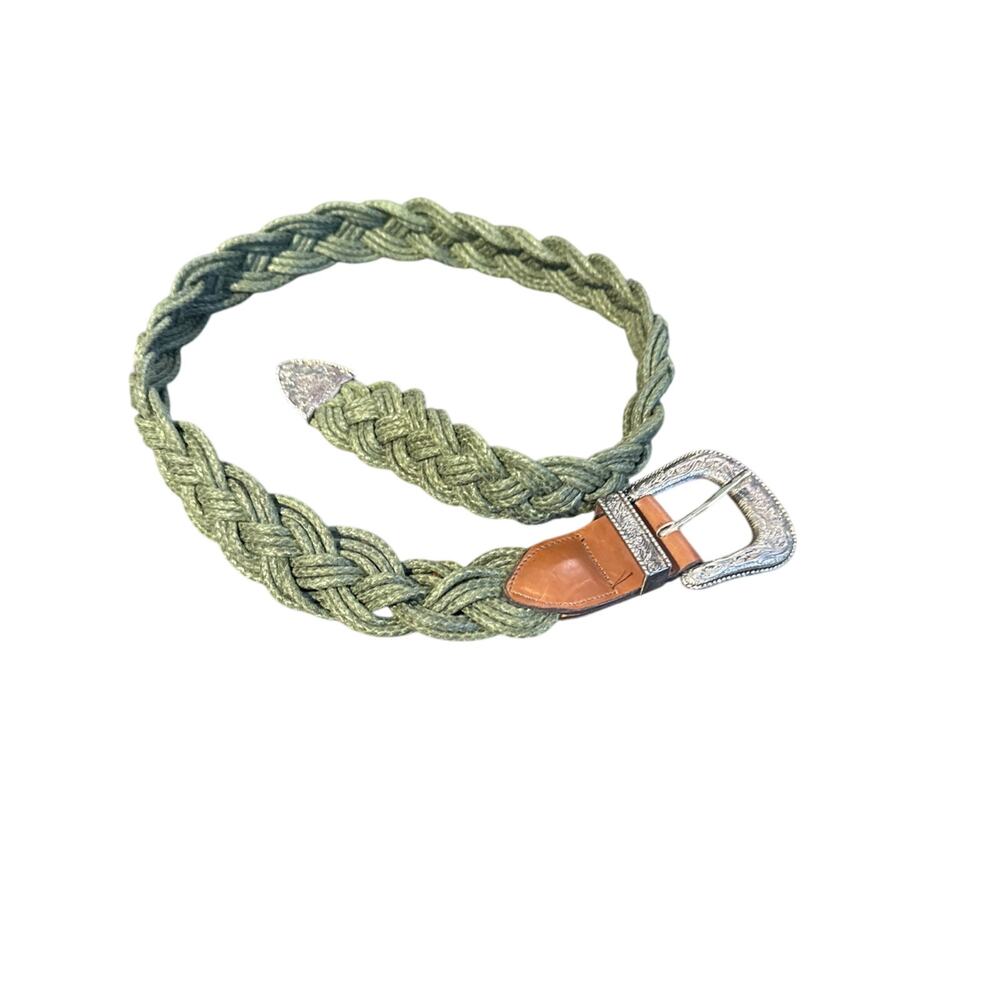 Western-style woven belt. green braided rope body. Ornate Silver Buckle. S 32-34